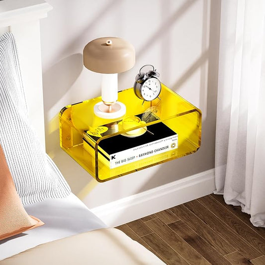Acrylic Floating Nightstand, Bedside Table, Nightstand Shelf Wall Mounted Bedside Shelf (Yellow, Small)