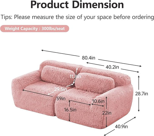 80.4-Inch Boneless Love Seat Couches in a Box, Modern 2 Seat Floor Modular Foam Cloud Sofa Faux Fur Loveseat Couch W/Angle Armrests for Home Apartments Bedroom