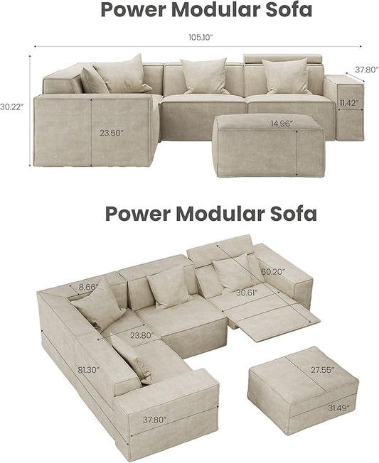 105" Power Sofa L-Shaped Couch,Modular Sectional Couches for Living Room,Modern Large Sofa with Recliners,Comfy Velvet Cloud Couch with Deep Seat with 1 Ottoman,Pet Friendly for Home Office(Green)