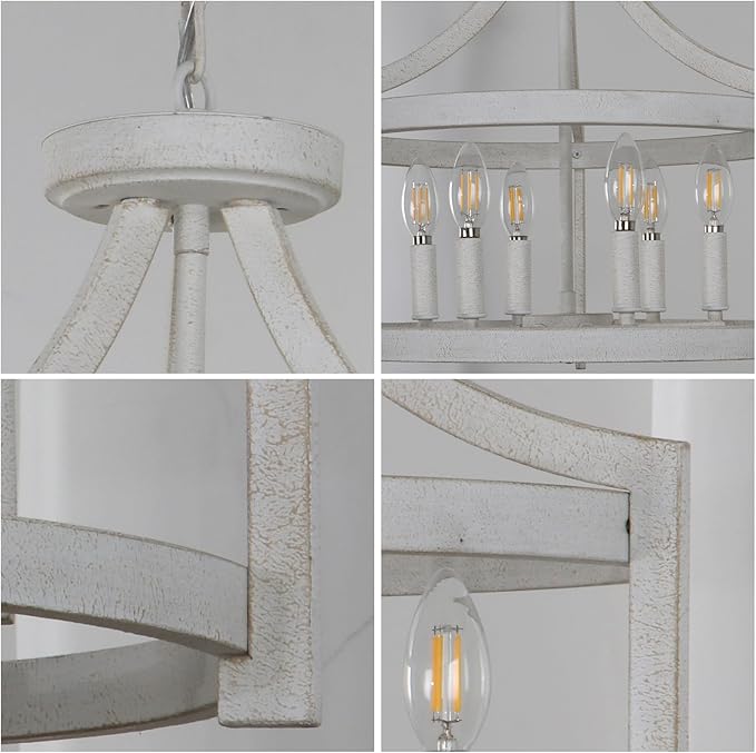 6-Light Farmhouse Chandelier, 19.3'' Vintage Chandeliers for Dining Room, Antique White Semi Flush Mount Ceiling Light, Rustic Metal Hanging Pendant Light Fixture for Entryway Foyer Hallway