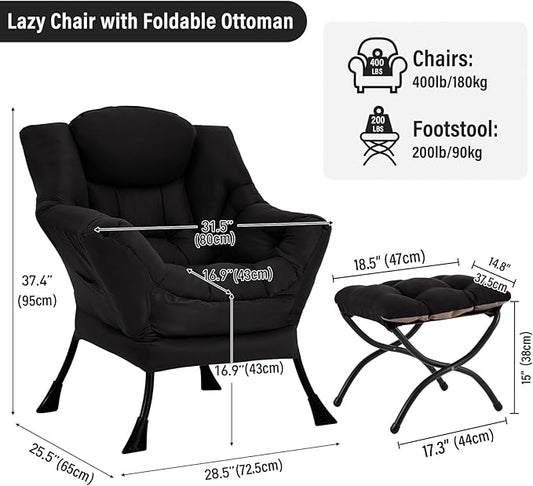 Lazy Chair with Ottoman, Modern Chair with Folding Footrest, Black Accent Chair, Comfortable Reading Chair, Oversized Armchairs for Bedroom, Study, Living Room, Courtyard