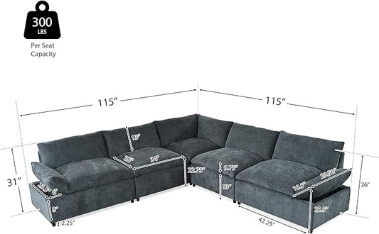 Merax 115.5" Modular Sectional Sofa, Upholstery 5 Seat Versatile Couch Set, L Shaped Indoor Furniture with Plush Cushions, Hidden Storage Compartments for Living Room, Lounge, or Office, Dark Gray