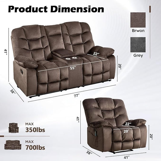 HAOMARKETS 2-Piece Recliner Sofa Couch Set, Include Single Power Electric Recliner Chair with Massage& Heat and 3-Seater Manual Reclining Sofa for Living Room Bedroom, Brown