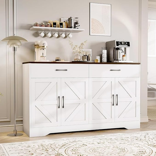 Sideboard Buffet Cabinet with Storage, Large Kitchen Storage Sideboard with Drawers & Doors, Modern Wood Farmhouse Coffee Bar Cabinet, Buffet Table for Kitchen, Living Room, White, 15.1"*55.1"*31.8"