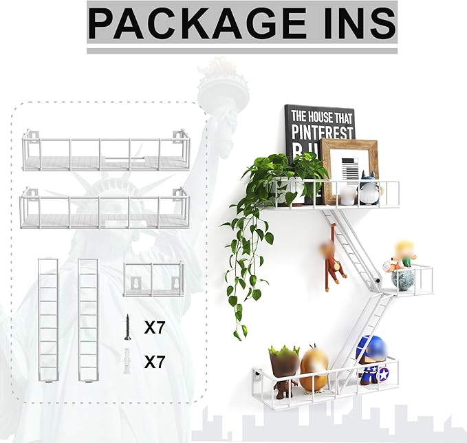 Fire Escape Wall Shelf with Baskets, 3-Tier Metal Fire Escape Ladder Shelf Wall Organizer, New York Inspired Decorative Shelf, White Floating Action Figurine Display Shelves for Bedroom, Home Décor.…