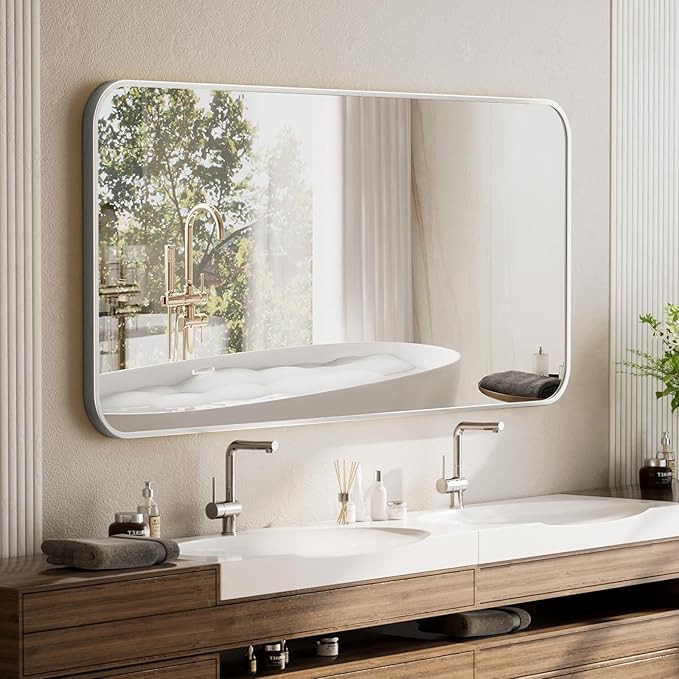 BEAUTYPEAK 26" x 38" Silver Aluminum Alloy Frame Rectangle Vanity Mirror, Wall Mounted Bathroom Mirror with Rounded Corners for Farmhouse, Restroom, Entryway, Horizontal or Vertical Hanging