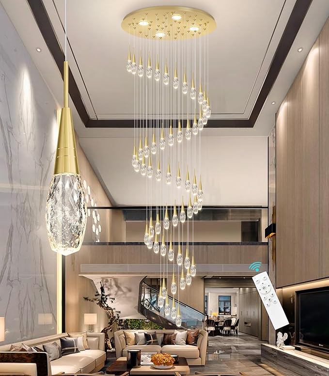 56-Lights 20 Feet Large Modern Chandelier LED Light Fixtures High Ceiling Long Light Chandelier for Entrance Foyer Dimmable Lights with Remote Living Room Ceiling Pendant Lighting Shine Gold