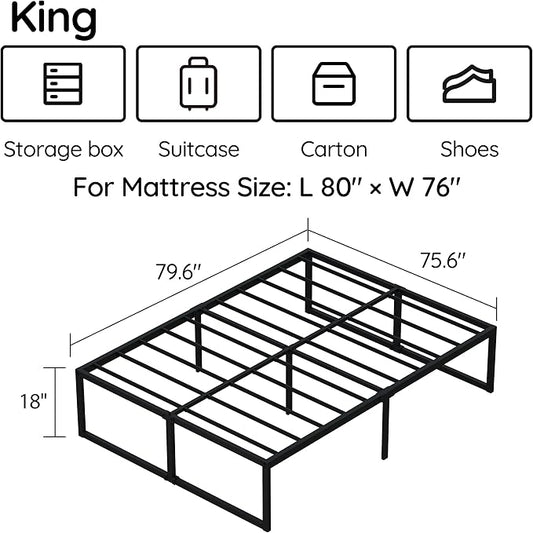 18 inch King Bed Frame Metal Platform Mattress Foundation with Heavy Duty Steel Slat Support, No Box Spring Needed, Easy Assembly, Black