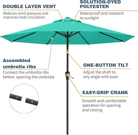10FT Patio Umbrella, Outdoor Umbrella with Push Button Tilt and Crank, 8 Sturdy Ribs, UV Protection & Waterproof Market Umbrella for Pool, Backyard, Beach,Deck (Cerulean)
