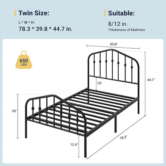 Allewie Twin Size Metal Platform Bed Frame with Vintage Headboard and Footboard, No Box Spring Needed, Easy Assembly, Black
