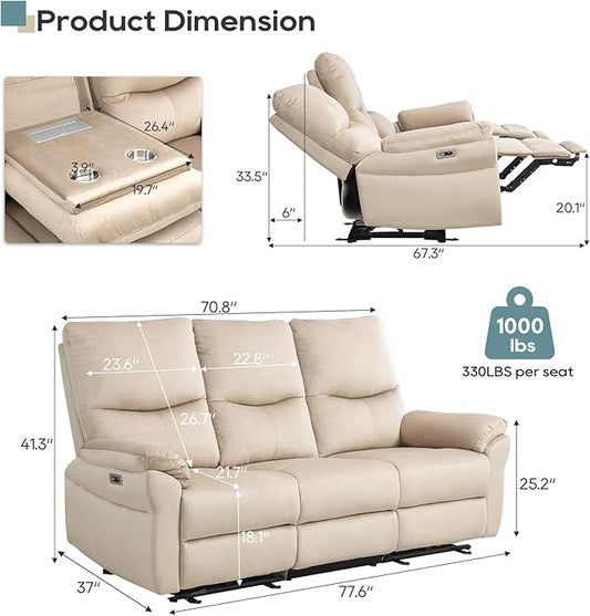 3 Seater Power Reclining Sofa, Loveseat Recliner Sofa Reclining Couch with Drop-Down Table & Cup Holders, Wall Hugger Sofa Recliner for Living Room Furniture Sets (Beige)