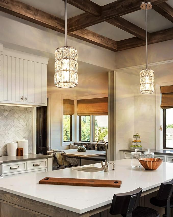 CALDION Mini Crystal Pendant Light Kitchen Island, 1-Light Moden Pendant Light Fixtures, Adjustable Rods Pendant Lighting for Dining Room Bedroom Bar Cofe Bedroom Chrome Finish, 6869PL-CH