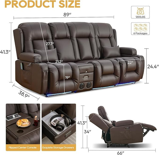IPKIG Power Recliner Sofa with Flip-Up Backrest Console, USB & USB-C Ports, AC Outlet, LED Lights, Wall Hugger Recliners for Living Room, RV (Brown, 89" - 4 Seat) | Faux Leather, Zero Gravity, Dual Reclining, 2 Lumabr Pillow, Bluetooth Speakers