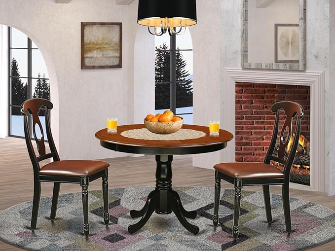 East West Furniture HLKE3-BCH-LC 3 Piece Kitchen Table & Chairs Set Contains a Round Dining Room Table with Pedestal and 2 Faux Leather Upholstered Chairs, 42x42 Inch, Black & Cherry