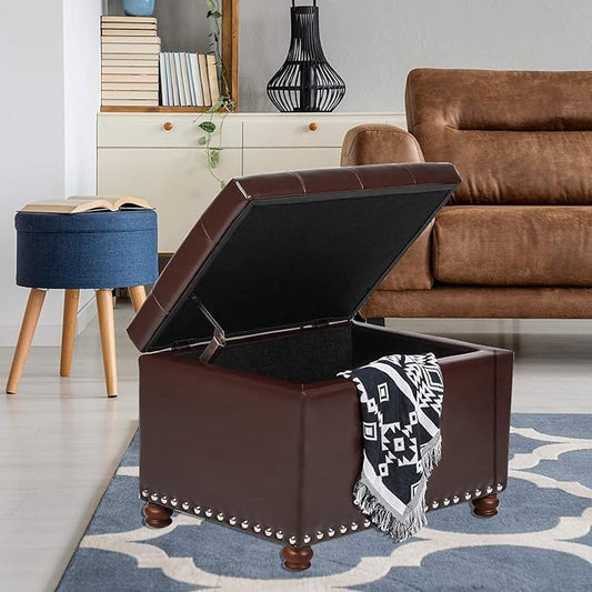 Adeco Button Tufted Accents Rectangular PU Leather Storage Bench Ottoman Footstool for Living Room Bedroom