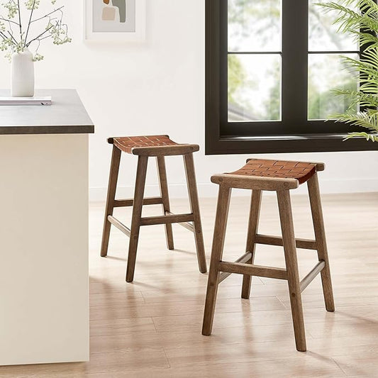 Modway Saoirse Faux Leather Wood Counter Stool - Set of 2 in Walnut Brown