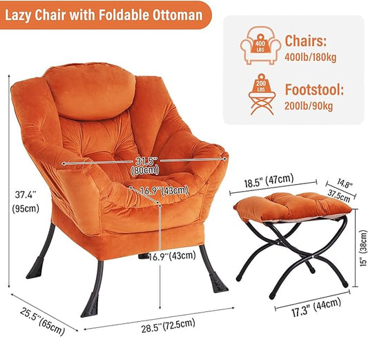 Lazy Chair with Ottoman, Modern Chair with Folding Footrest, Velvet Orange Accent Chair, Comfortable Reading Chair, Oversized Armchairs for Bedroom, Study, Living Room, Courtyard