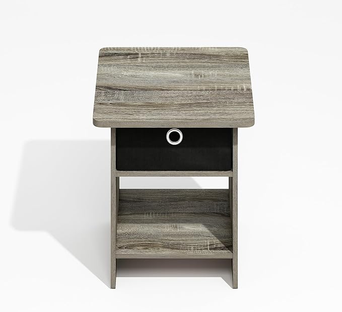 Furinno Modern Side Table, Square End Table with Storage Bin, Round Corner Night Stand, Bedside Table with Storage Shelf, for Living Room, Bedroom, Grey Oak