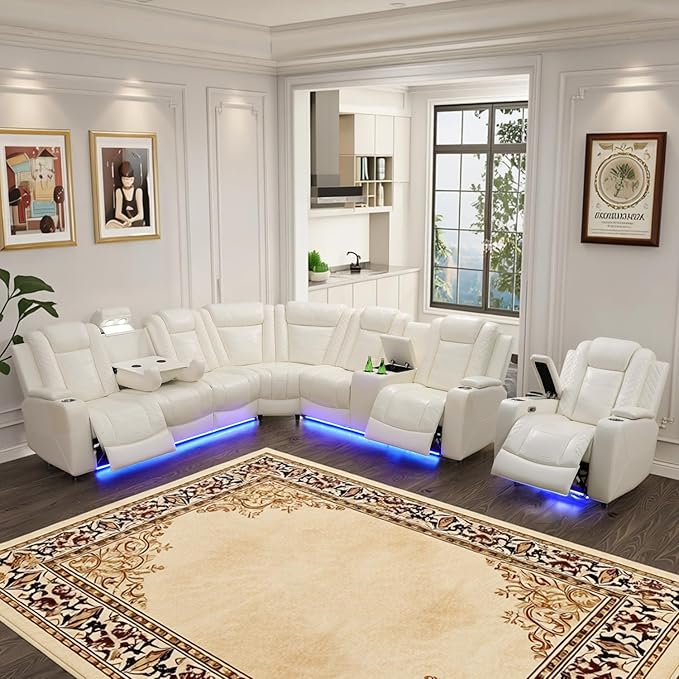 Power Leather Recliner Sectional Sofa with LED Light,L Shaped Reclining Couch with USB Charger/Cup Holder/Storage,Leather Sofa for Living Room Furniture Sets(Cream Stripes,Sectional+1 Seat)