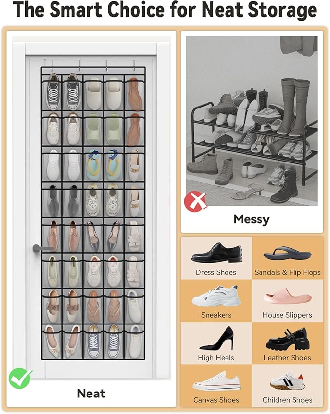 dodowin Over the Door Shoe Organizers, 2 Pack (1 Black & 1 Grey) -40 Deep Mesh Pockets Each, Over The Door Shoe Rack, Space Saving Hanging Storage Holder for Closets, Shoes & Accessories