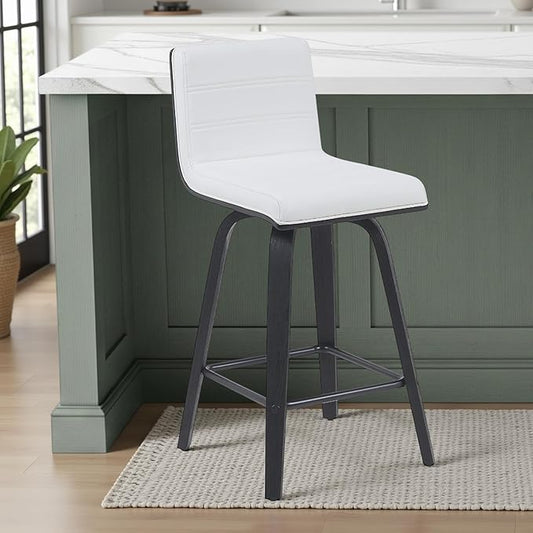 Vienna Modern Counter Height Swivel Bar Stool with Snow White Faux Leather Seat and Black Brushed Wood Frame Set of 4