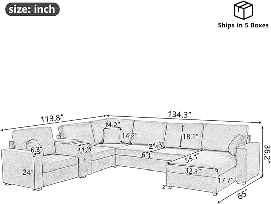 Merax Modern 134" Oversized Sectional Sofa with Piollows & Chaise Lounge, Chenille U‑Shaped Couch Set Sleeper Bed Built‑in Cup Holders, Storage Drawer for Living Room, Free Combination Black