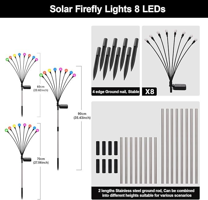 Swaying Solar Firefly Lights Outdoor, 8 Modes RGB Color Changing Firefly Swaying Solar Garden Lights for Outside Christmas Yard Patio Pathway Plant Landscape Garden Decor Multicolor(8 Pack)