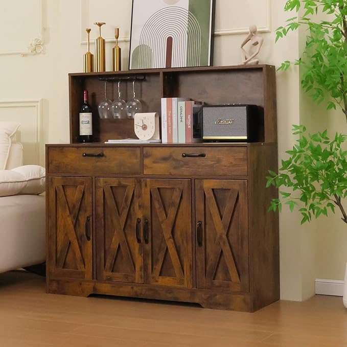Sideboard Buffet Cabinet with Storage, 47'' Farmhouse Coffee Bar Cabinet, Kitchen Pantry Storage Cabinet with Doors and Shelves for Dining Room, Living Room, Kitchen, Brown