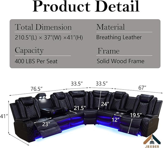 Power Recliner Sectional Sofa Set for Living Room, Leather Recliner Sofa Sets, L-Shaped Corner Sectional Couch Sets with LED Lights, Console Storage(Sectional,Black)