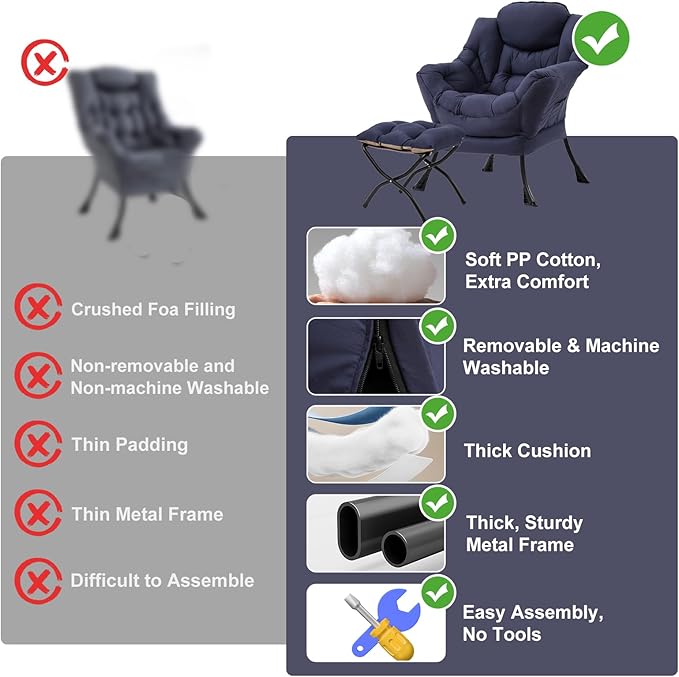 Lazy Chair with Ottoman, Modern Accent Chair with Folding Footrest, Navy Blue Sofa Chair Set, Comfortable Reading Chairs, Oversized Armchairs for Bedroom, Study, Living Room, Courtyard