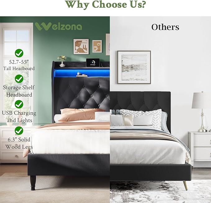 Queen Bed Frame with Tall Headboard, Velvet Upholstered Platform Bed with LED Lights & Charging Station, 52.7"-55" Adjustable/Modern Tufted Wingback Storage Headboard, No Box Spring Needed, Black