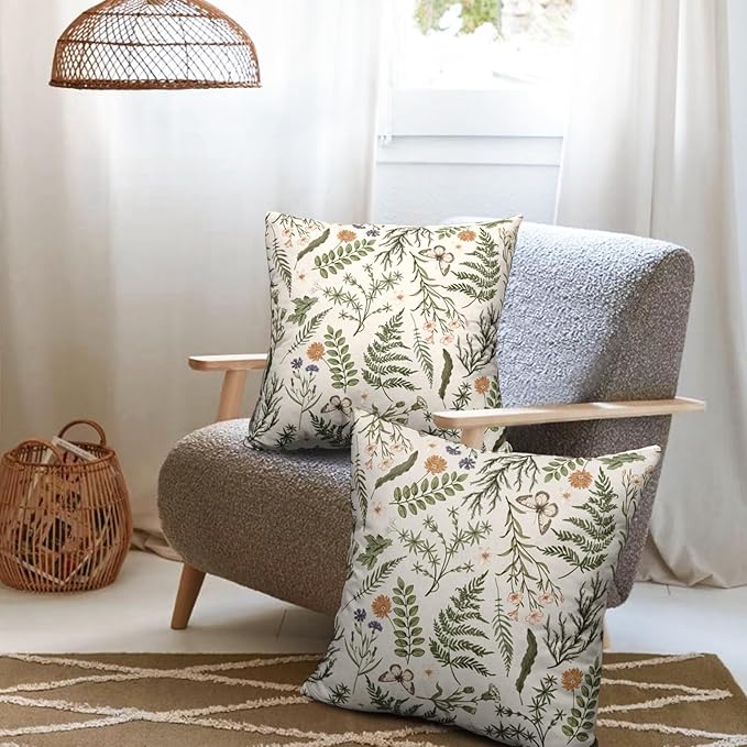 Sage Green Leaves Pillow Covers 20x20 Set of 2 Spring Botanical Fern Leaf Outdoor Decorative Pillow Cases Summer Farmhouse Wildflower Floral Cushion Covers for Couch Sofa Porch Decor