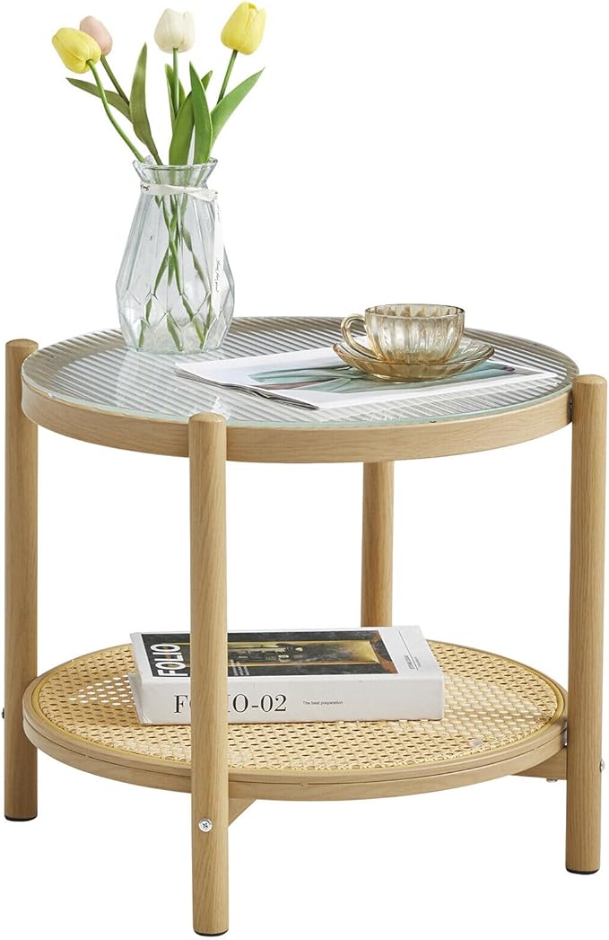 COSVALVE 19.6" Boho Rattan Coffee Table, Round Glass Metal End Table, Modern Simple 2 Tier Side Table for Sofa Bed Side Small Space Living Room Bedroom Office Meeting Room