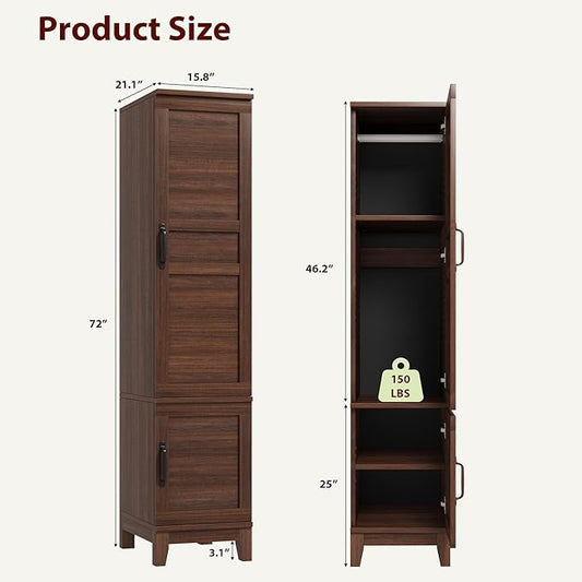 GarveeHome Armoire Wardrobe Closet with 2 Doors, Wooden Wardrobe Cabinet with Hanging Rod, 72 in Narrow Tall Clothing Armoire Cabinet with 18 Adjustable Shelves for Clothes, Bedroom, Walnut