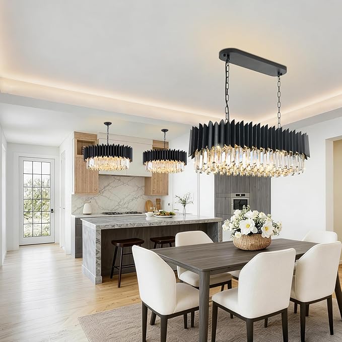 L33 Black Crystal Chandelier Large 8 Light Fixture 3-Tier K9 Modern Chandeliers for Dining Room Kitchen Island