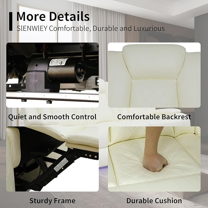 Power Leather Recliner Sofa with LED Light,84" Double Reclining Couch with Drop Down Table/USB Port/Storage Armrest,3 Seater Leather Couch for Living Room Furniture(White,3 Seater Sofa)