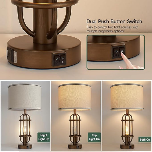 Table Lamps for Living Room Set of 2, 22.3" Farmhouse Lamps for Nightstand, Industrial Table Lamps for Bedroom with USB Ports