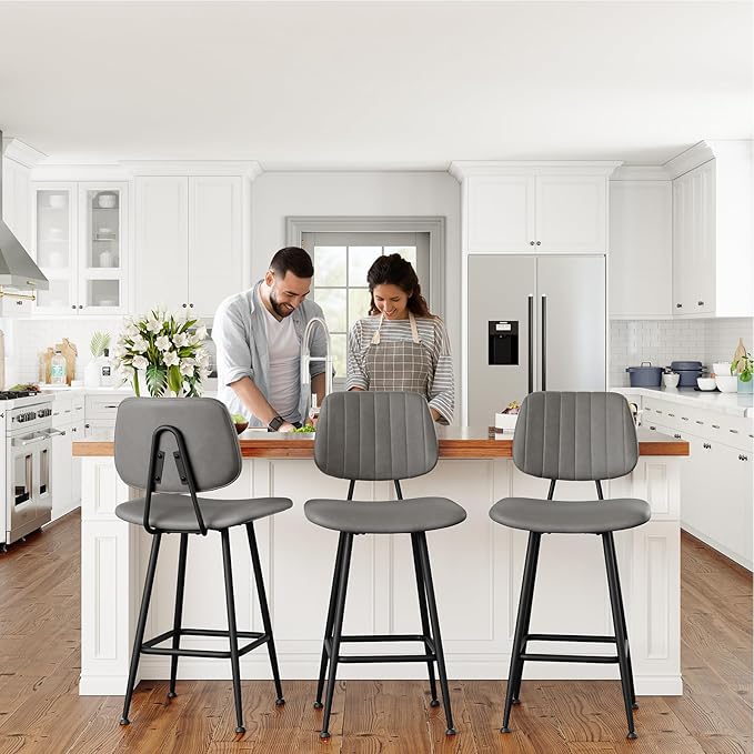 24-Inch Leather Bar Stools, Counter Height Barstools with High Backrest,Bar Chairs for Kitchen Island with Heavy Duty Metal Base, Gray