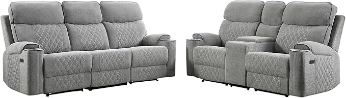 HAOMARKETS 2-Piece Power Recliner Sofa Set with Charging Port, Include 2-Seater Loveseat Reclining Couch with Hidden Storage and Cup Holders and 3-Seater Recliner Couch for Living Room, Light Grey