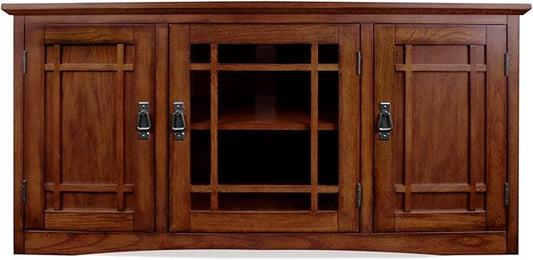 Leick Home 82350 Solid Wood Mission Oak Three Door TV Stand For 55" TVs Universal TV Console Living Room Storage Shelves Entertainment Center, Mission Oak
