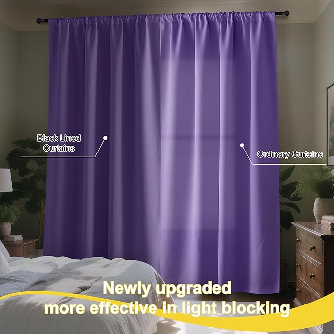 NICETOWN 100% Blackout Curtains for Nursery, Lilac Purple W52 x L84 Set of 2 Light Blocking & Soundproof Drapes,Rod Pocket Black Lined Window Treatment Panels