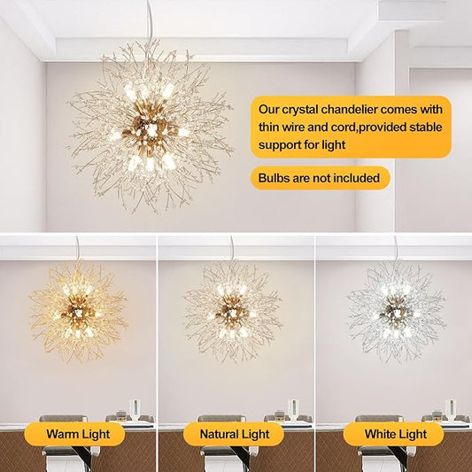 Depuley Modern Firework Gold Crystal Chandeliers, 9-Light Sputnik Dandelion Chandelier Light Fixture Pendant Lighting for Dining Room, Living Room, Bedroom, Kitchen, Restaurant(G9 Bulbs not Included)