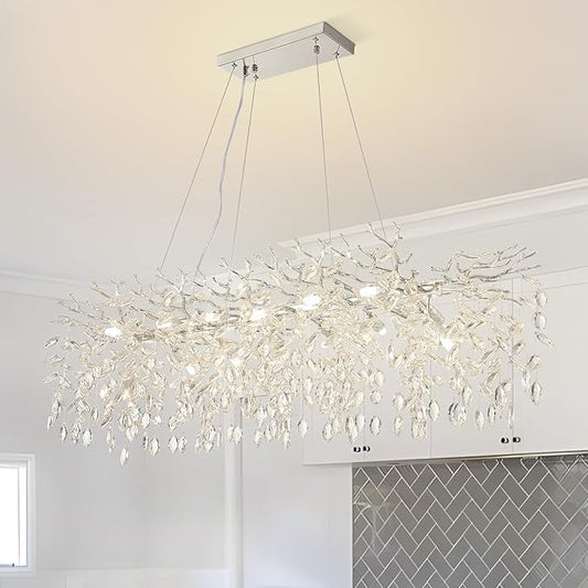 14 Light Modern Tree Branch Chandelier, 47.3" Chrome Rectangular Raindrop Chandelier for Dining Room, Foyer, Kitchen Island Contemporary K9 Crystal Pendant Light Fixture
