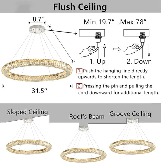Modern Ring Chandelier LED Dimmable Living Room Chanderliers Entryway High Ceiling Crystal Ring Pendant Lights for Dining Room Bedroom Silver Interior Light