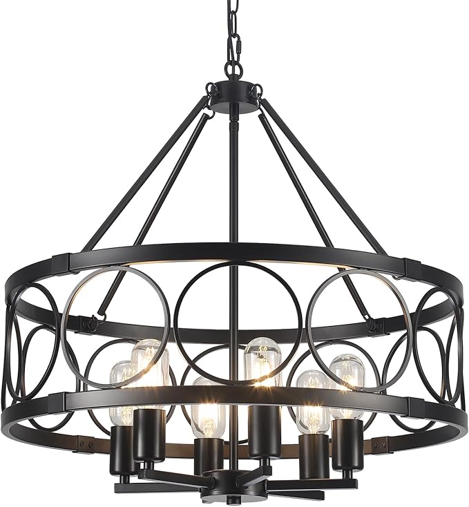 Black Farmhouse Chandelier, 6-Light Rustic Chandeliers for Dining Room Light Fixture, Drum Chandelier Round Pendant Light, Hanging Kitchen Island Lighting for Living Room, Entryway, Foyer