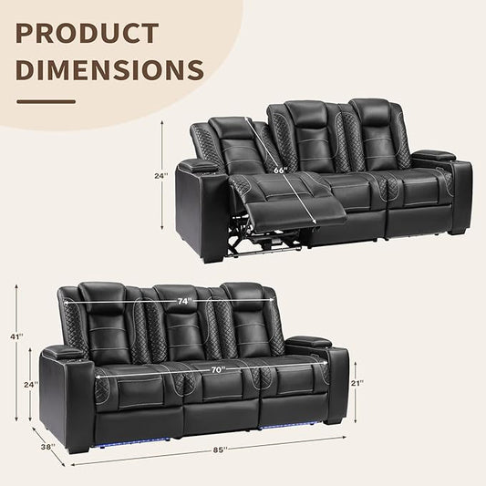 ANJ Power Reclining Loveseat with Fixed Middle Seat, 3-Piece Electric Recliner Sofa with LED Lights, USB Charging & Storage, Faux Leather Living Room Furniture for Home Theater (Black)