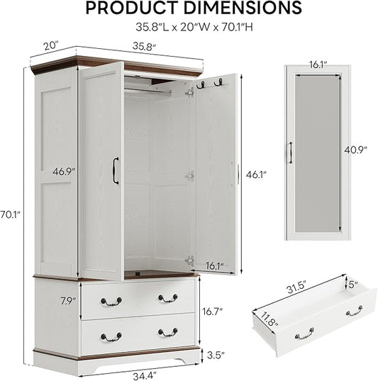 LIKIMIO Armoire Wardrobe Closet with Mirror, 70.1" Wooden Clothing Storage Cabinet with 2 Doors & 2 Drawers, Modern Bedroom Freestanding Wardrobe Combination with Hanging Rod, Cherry with White