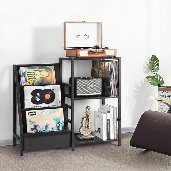 Bikoney Record Player Stand, Turntable Stand with 3-Tier Vinyl Record Storage, Record Player Table Up to 200 Albums, End Table for Records, Vinyl Record Holder
