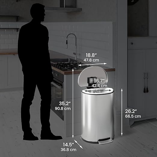 iTouchless SoftStep 13.2 Gallon Step Trash Can with Odor Control System Stainless Steel, Semi-Round, 50 Liter Garbage Bin for Kitchen, Office, Home-Silent and Gentle Open/Close, Space Saving