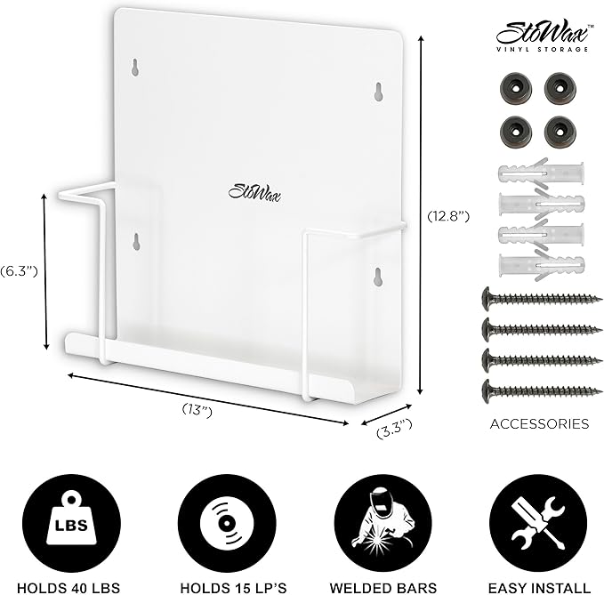 Vinyl Display Holder 2pk - Matte White Record Shelf - Wall Mount - Fits 30 LP's - Minimalist Steel Shelves - Organizer Stand - Frame Album Art